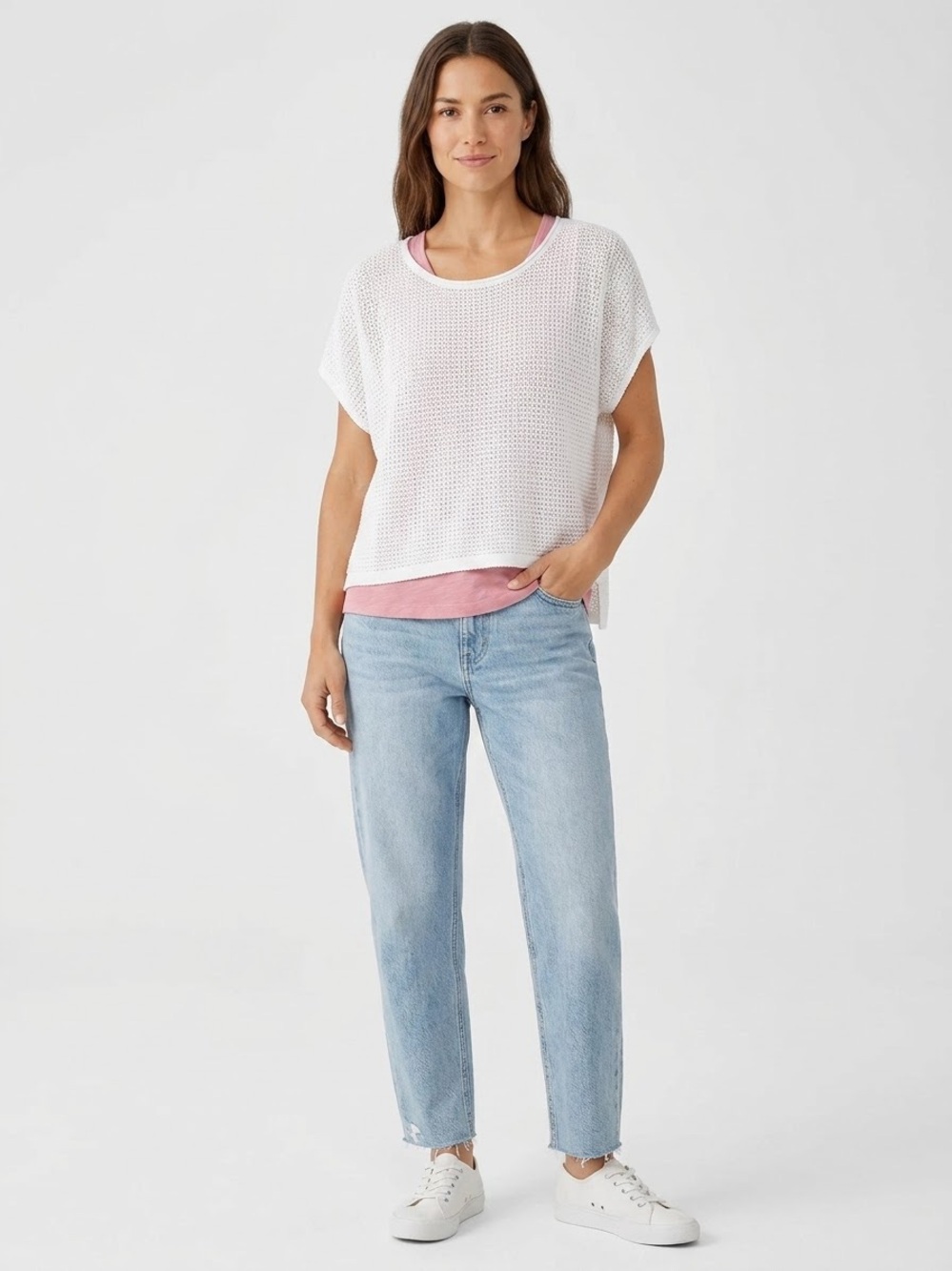 Eileen Fisher White Open-Knit Cotton Sleeveless Popover